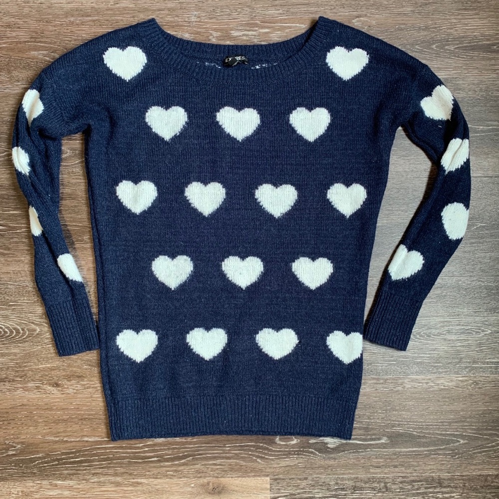 Express Navy Sweater with Cream Hearts Sz S